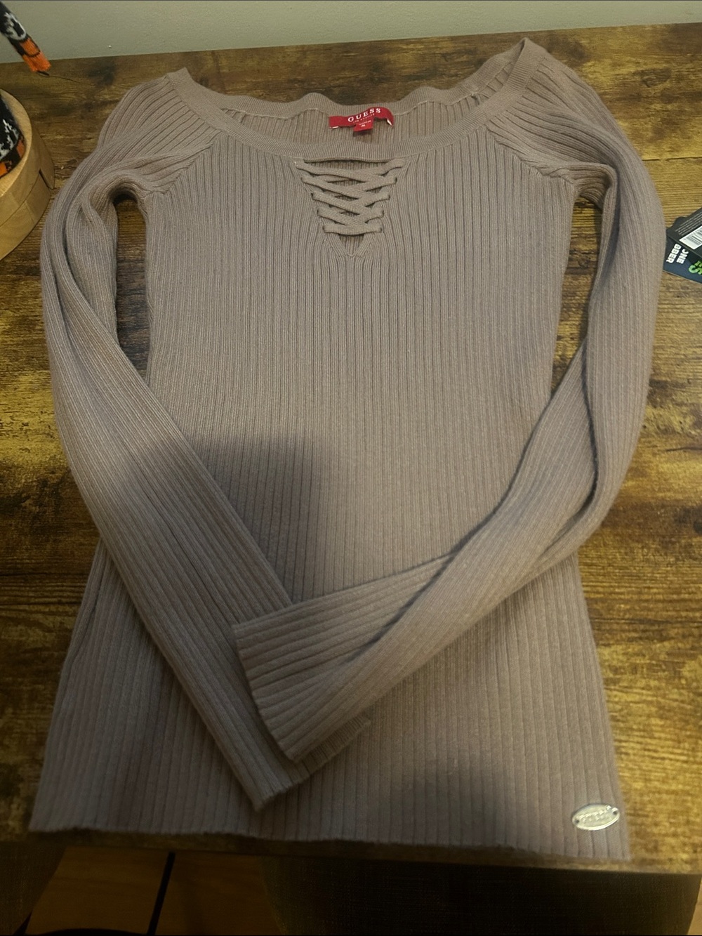 Guess Ribbed Lace-Up Top - Taupe